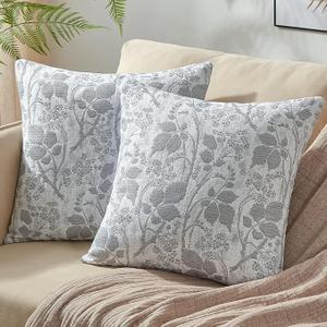 Bailix Jacquard Floral Throw Pillow Covers 20x20  Decorative Couch Boho Pillow Covers Set of 2, Neutral Square Vintage Farmhouse Lumbar Cushion Cover for Sofa Living Room Bedroom (Grey)