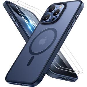 Miracase Magnetic for iPhone 15 Pro Max Case 6.7 inch (Compatible with MagSafe)with 2X Screen Protectors Military-Grade Protection, Anti-Fingerprint Translucent Matte Phone Cover, Dark Blue