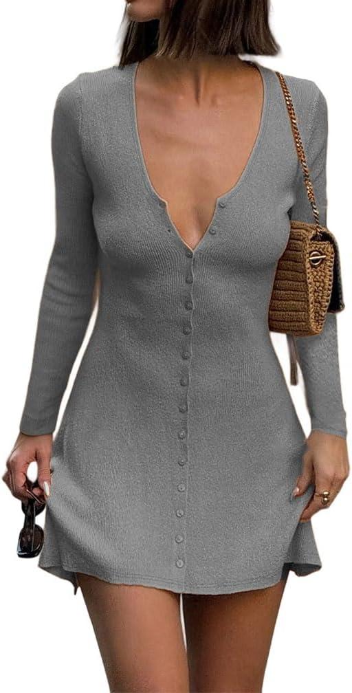 Women Sexy Deep V Neck Button Front Knit Mini Dress Elegant Long Sleeve Ribbed Flowy Hem A-Line Short Dresses (Medium, Grey)