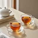 7oz Glass Tea Cups and Saucers,6 Pack Clear Teacup and Saucer Set,Glass Tea Cups with Handles for Cappuccino,Tea,Juice
