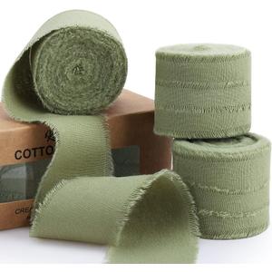 Sage Green Ribbon 1-1/2 x 15 Yards Handmade Cotton Frayed Fringe Fabric Ribbons for Crafts Flower Bouquets Wedding Baby Shower Home DIY Decor