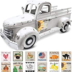 Sunflower Decor 13.4 Inch Vintage White Farmhouse Truck with 12 Magnets Sunflower Kitchen Summer Decorations for Home Shelf Office Metal Pickup Interchangeable Seasonal Decor Garden Truck Planter