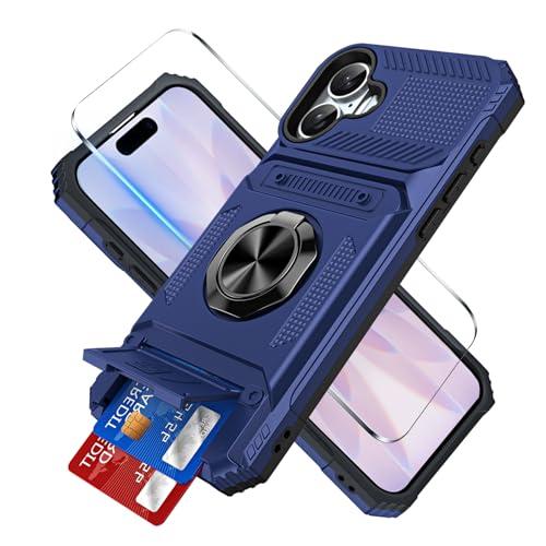 Benbenjaytek for iPhone 17 Wallet Case with Card Holder + 1 Screen Protector, (2 Cards) & 360°Ring Kickstand Military Grade Drop Shockproof Rugged Case for iPhone 17 6.3" 2025(Blue)