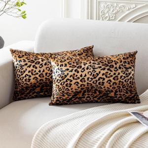 CARRIE HOME Soft Plush Leopard Print Faux Fur Lumbar Pillow Covers for Home Couch Sofa (Set of 2, 12x20 inch)