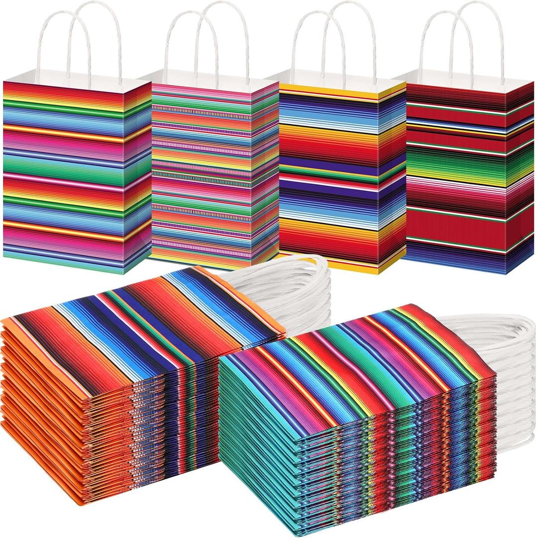Motipuns 24 Pcs Mexican Party Favor Bags Cinco De Mayo Paper Gifts Bags with Handle Mexico Goodie Gift Bag for Birthday Baby Shower Bridal Mexican Theme Party Favor Supplies, 4 Styles