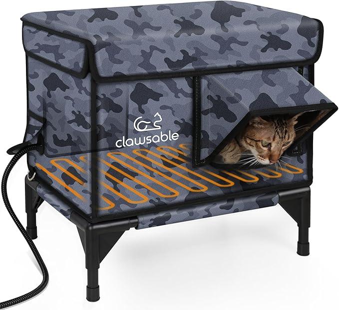 Heated Cat House for Outside Foam Board, Extremely Insulated Outdoor Cat House Escape Door, Weatherproof & Waterproof Awning, Elevated Feral Animal Shelter for Winter (25.0"L x 15.0"W x 18.5"H, Cammo)