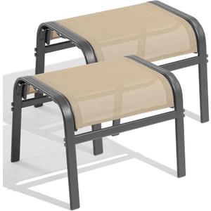 Outdoor Ottoman Set of 2, All Weather Outdoor Foot Stool with Supportive Textliene and Metal Frame, Stackable Oversized Outdoor Foot Rest for Furniture Patio Garden Pool, Beige