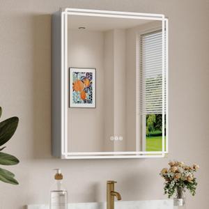 Buruis 16'' x 24'' Medicine Cabinet with Lights and Mirrors, Recessed or Wall Mounted Modern Bathroom Cabinet with 3-Mode Light, Anti-Fog, Dimmable, Memory Function, Outlet, Silver
