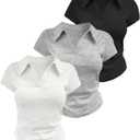 SOLY HUX Women's Collared V Neck T Shirts 3 Packs Slim Fitted Crop Tees Short Sleeve Tops (Medium, Grey Black White)