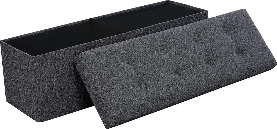 Ornavo Home Foldable Tufted Linen Large Storage Ottoman Bench Foot Rest Stool/Seat - 15" x 45" x 15" (Black)