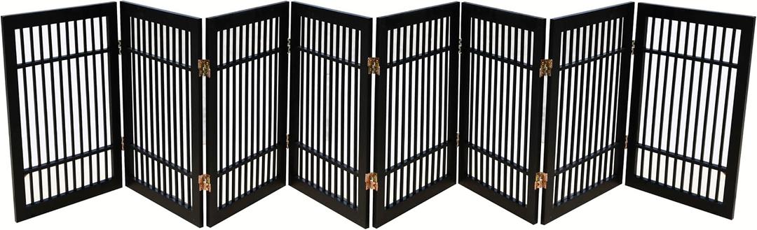 Urnporium Pet Dog Gate Freestanding, Strong Durable Folding Wooden Fence, Portable Acacia Hardwood Safety Barrier for Indoor & Outdoor Use (Black Pet Gate, 8 Panel 24" Tall)