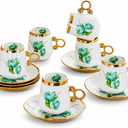 Porcelain Tea Set with Floral Designs, Gold Trim, 12 Pieces (Green 100ml 6 cups 6 plates)