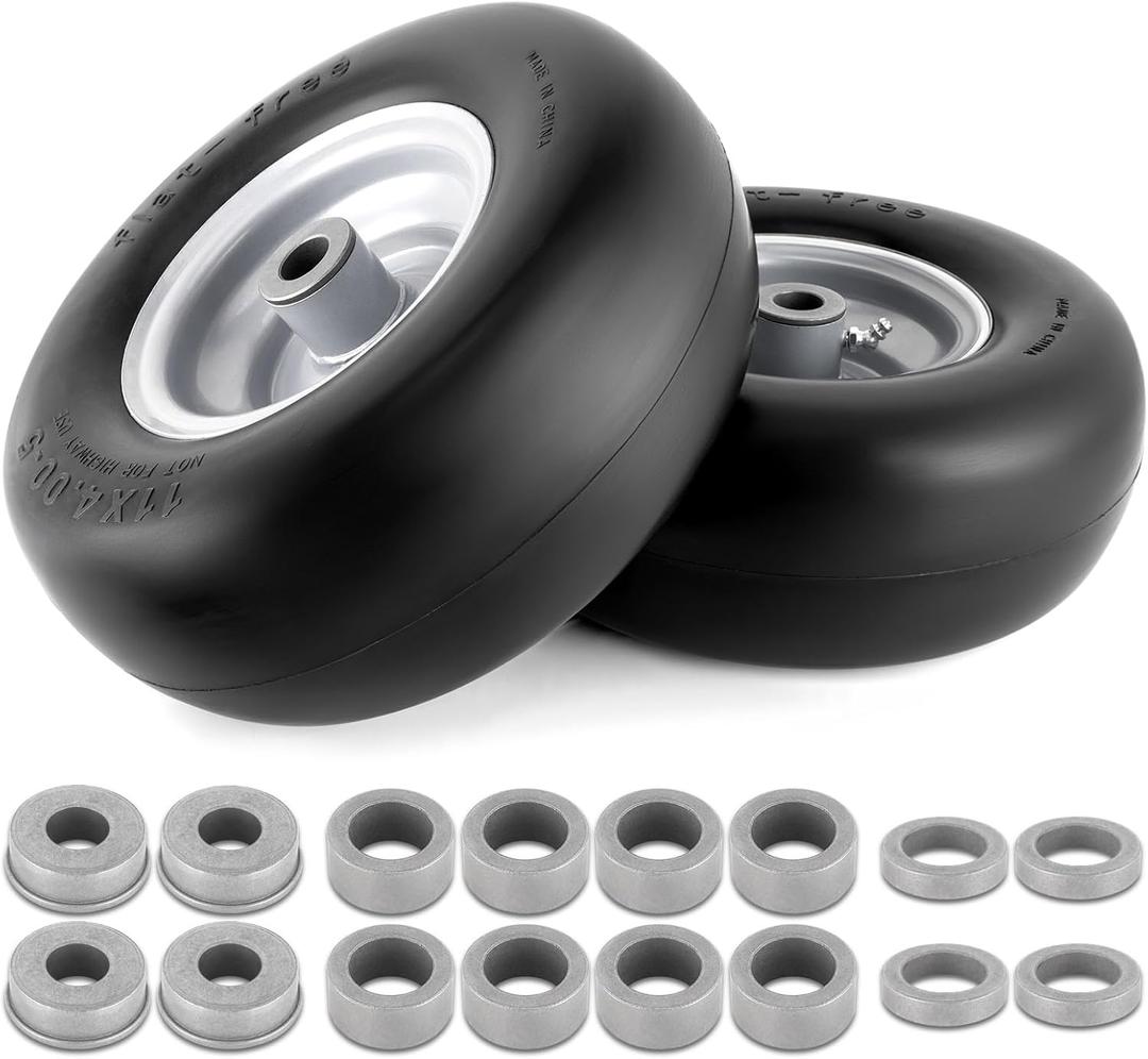 11x4.00-5 Lawn Mower Tires Flat Free Tire and Wheel 2 Pack Universal Fit 11x4-5 Flat Free Tire with Rim, 3.4"-4"-4.5"-5" Centered Hub, 3/4" or 5/8" or 1/2"Bushings