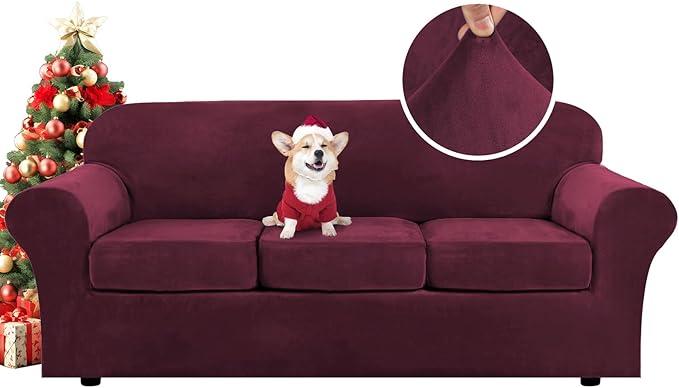 H.VERSAILTEX Modern Velvet Plush 4 Piece High Stretch Sofa Slipcover Sofa Cover Furniture Protector Form Fit Luxury Thick Velvet Sofa Cover for 3 Cushion Couch Width Up to 90 Inch (Sofa)