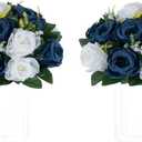 NUPTIO Artificial Flower Centrepieces for Tables - 2 Pcs 9.5in Diameter Navy Blue & White Fake Flowers Roses Balls - Silk Faux Rose Arrangement for Wedding Party Centerpiece Table Decorations