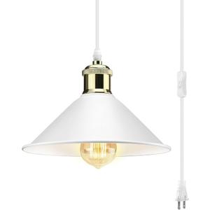 Plug in Pendant Light, Industrial Hanging Light with Plug in Cord On/Off Switch, Modern Pendant Light with Plug in Cord, Farmhouse Pendant Light Fixture, White
