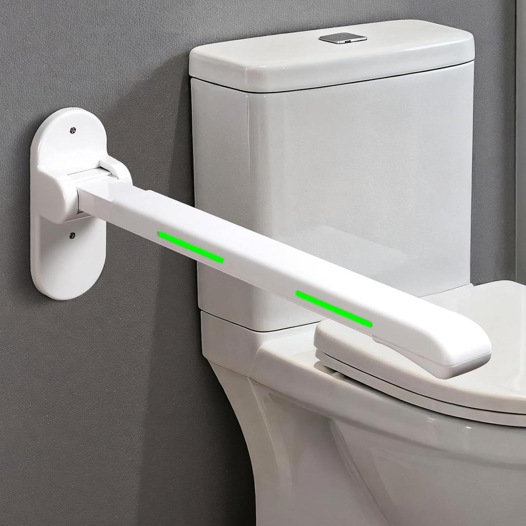 26.8 INCH Flip-Up Toilet Grab Bar, Wall-Mounted Safety Rail for Bathroom, Night Glow Strips on Both Sides, Folding Handrail for Elderly & Disabled