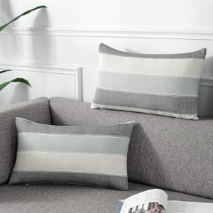 AmHoo Pack of 2 Farmhouse Stripe Check Throw Pillow Covers Set Case Cotton Linen Decorative Pillowcases Cushion Cover for Couch Bench Sofa 12x20Inch Dark Grey Beige