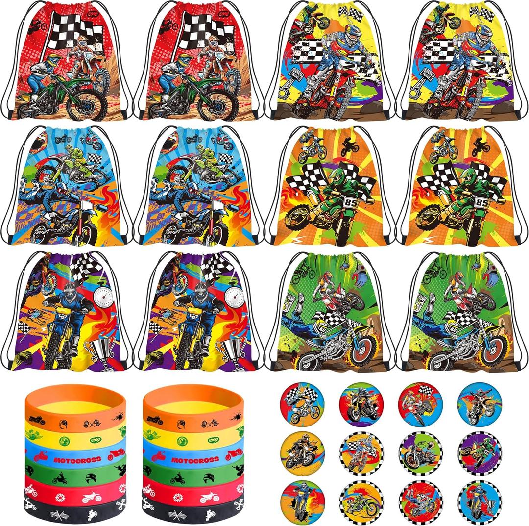 Dirt Bike Party Favor Supplies, Including Motorcycle Theme Boy Motocross Bags Drawstring Goodie Treat Bags Wristbands Badge, for Motocross Theme Kids Birthday Party Gift