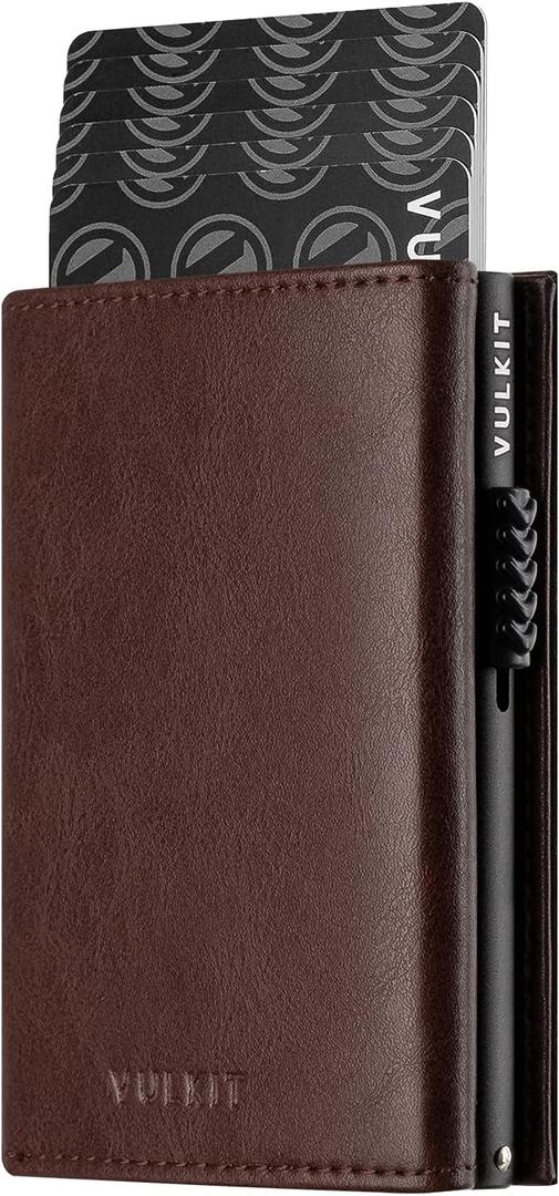VULKIT Card Holder Wallet with Coin Pocket Magnetic Closure Pop Up Cards With ID Window Leather Wallet for Cash & Credit Cards (Espresso)