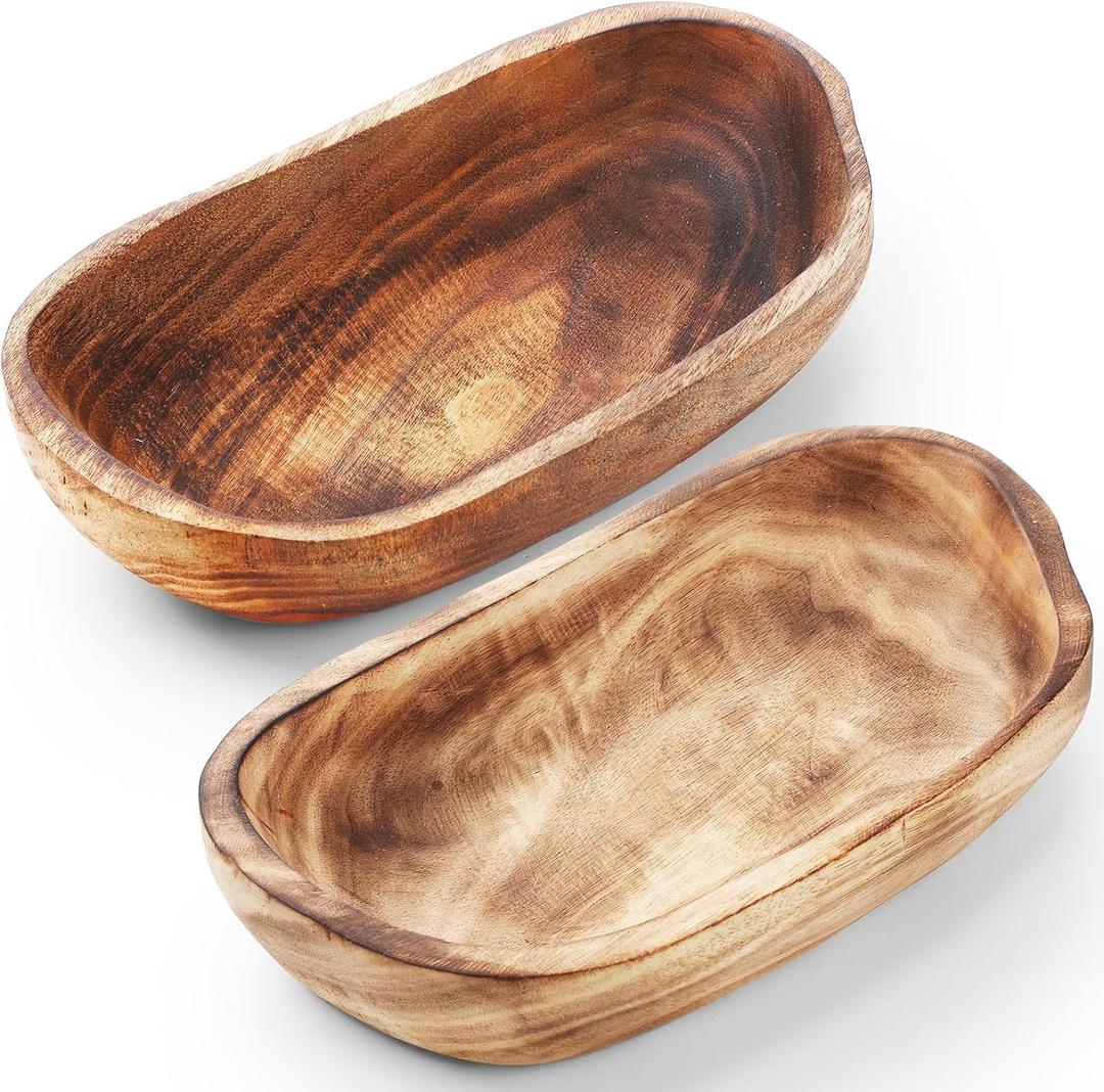 2 Pcs Wooden Dough Bowls for Decor Oblong Decorative Bowl Home Decor Fruit Vessel for Kitchen Counter Rustic Carved Serving Container Long Wooden Bread Tray for Dining Room Table(13 x 9 x 3.2 Inch)
