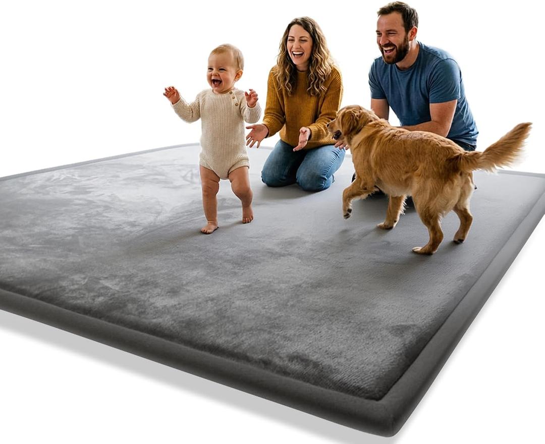 AEOCOO Extra Large 79x118 Baby Play Mats for Floor, 1.3" Thick Memory Foam Infant Tummy Time Mat, CloudSoft Velvet Anti-Slip Cushion, Nursery Rug for Baby Kids Crawling, Playroom, Living Room, Grey