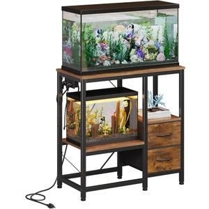 20-29 Gallon Fish Tank Stand with Power Outlet Vintage Metal Aquarium Stand with 2 Fabric Drawers Heavy Duty Reptile Tank Stand with 3-Tier Adjustable Storage Shelves, Left-Right Mounting