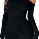 Women Off The Shoulder Long Sleeve Dress Ruched Bodycon Mini Dress Cocktail Going Out Dresses (Small, Black)