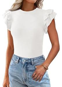 KIRUNDO Summer Sweaters for Women Lightweight 2025 Fall Ruffle Short Sleeve Business Casual Tops Slim Soft Knit T Shirts(Beige White, Medium)