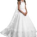 PLwedding Lace Flower Girls Dresses Kids First Communion Dress Princess Wedding Pageant Ball Gown (8, White)