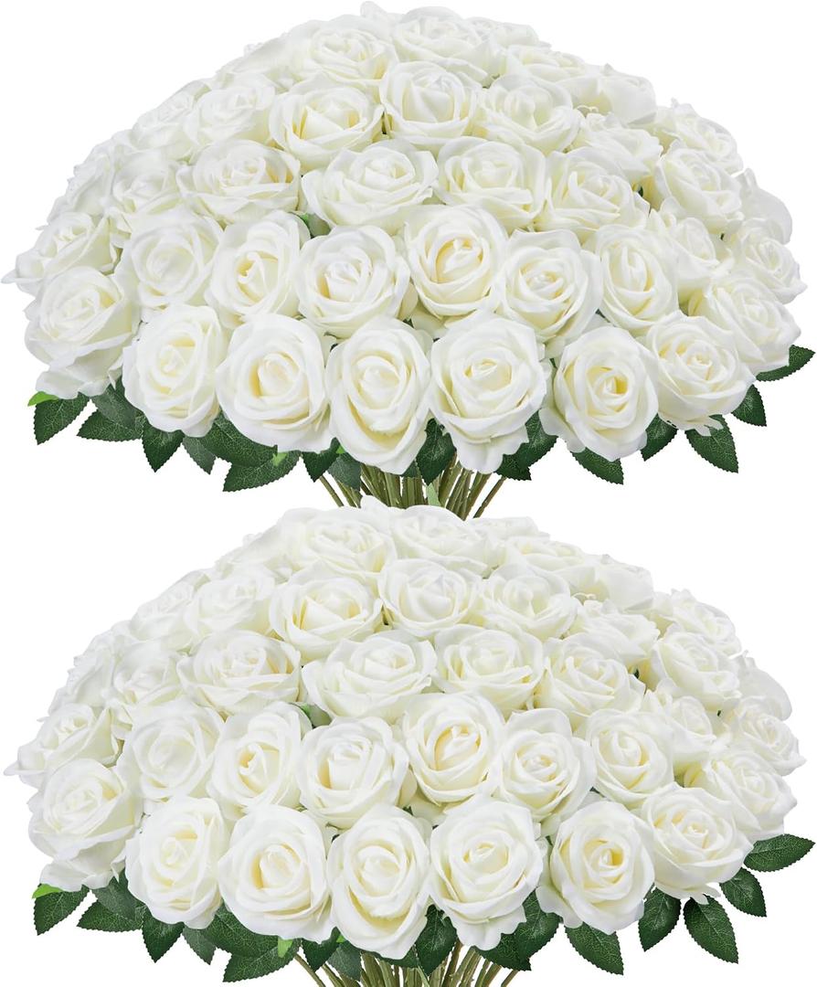 InnoGear 50 Pcs White Roses Artificial Flowers, Fake Velvet Silk Rose Bulk Faux Flower for Mother's Gift Decoration DIY Wedding Centerpieces Proposal Bridal Bouquets Party Floral Decor (50, White)