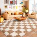 Pionblank 8x10 Area Rugs for Living Room, Fluffy Plush Checkered Rug for Bedroom, Shag Non Slip Soft Furry Large Carpet for Kids Room Nursery Home Decor, Beige and Cream White