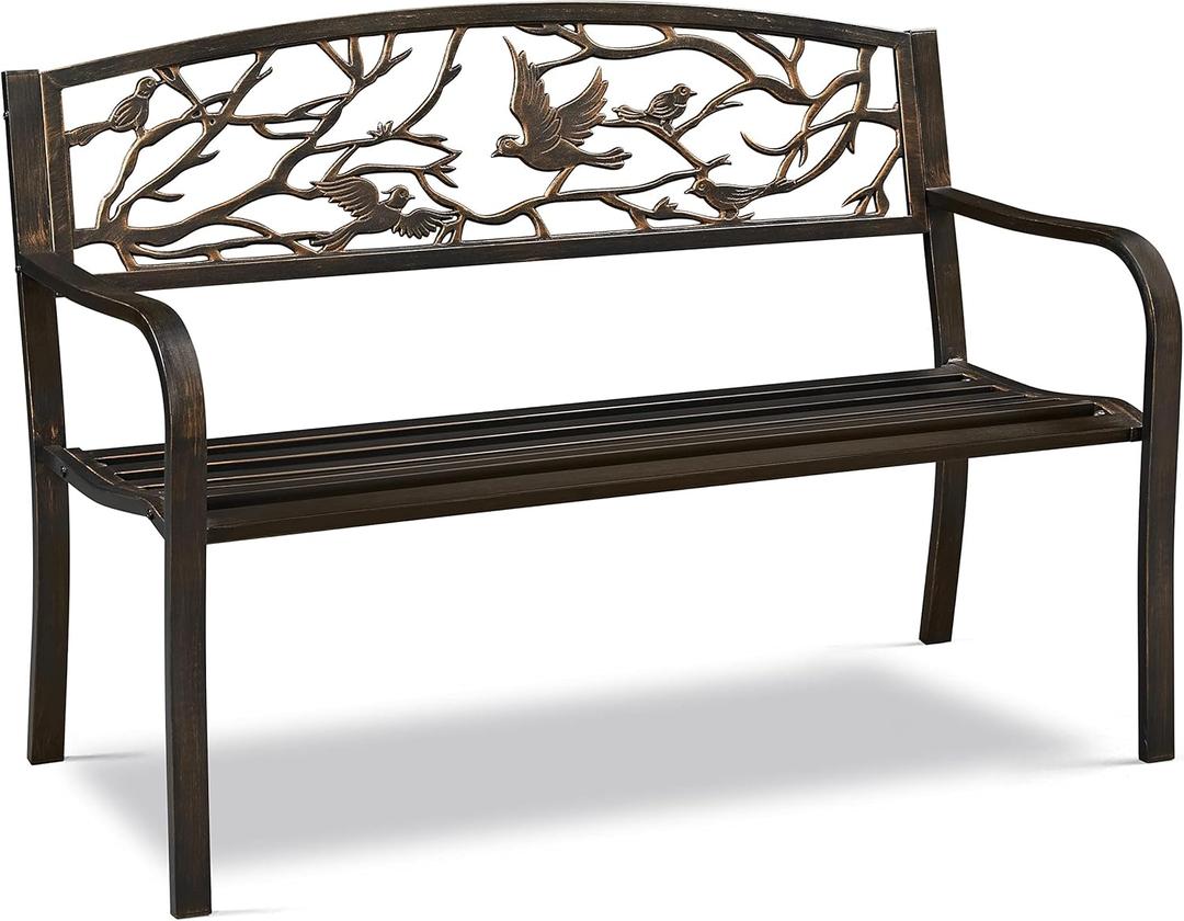 Yaheetech Outdoor Garden Bench Patio Furniture Chair Outdoor with Vintage Bird Pattern Backrest, Slatted Seat, Antique Metal Bench for Yard & Porch & Park, Bronze