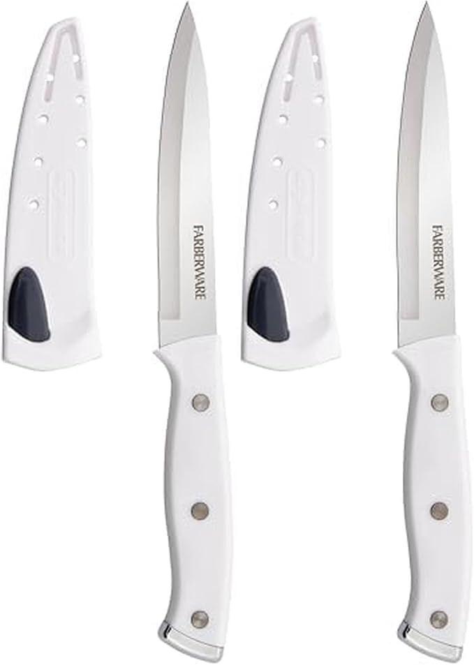 Farberware Edgekeeper Triple Riveted Fine-Edge Utility Knife with Self-Sharpening Blade Cover, High Carbon-Stainless Steel Kitchen Knife with Ergonomic Handle, Razor-Sharp Knife, 4.5 Inch, White