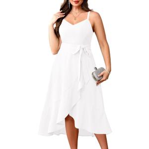 Pinup Fashion Plus Size White Dress Curvy Women Graduation Bridal Shower Elegant Cocktail Party Spaghetti Strap High Low Midi Dresses Size L, White