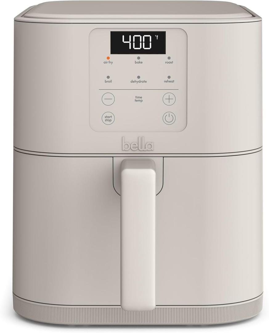 bella 6 Qt Slim Air Fryer, Fits-anywhere Kitchenware, EverGood Ceramic Nonstick Coating, Adjustable Temperature, 6 Preset Cooking Options, 60 Min Auto Shutoff w Audible Tone, 5lb Capacity, Oatmilk