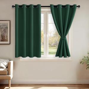 JIUZHEN Forest Green Blackout Curtains with Tiebacks, Light Blocking and Noise Reducing Grommet Curtains for Bedroom and Living Room, Set of 2 Window Curtain Panels, 52 x 45 Inch Length