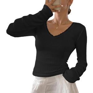 BAIGRAM Women Cute Y2K Lace Pointelle Crop Tops Long Sleeve V Neck Slim Fit Tee Shirt Grunge Minimalist Fall Going Out Lounge (Medium, Black)