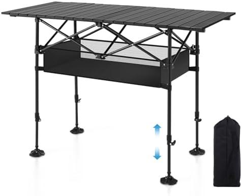 LET'S CAMP Folding Camping Table, Portable Aluminum Roll-up Picnic Backpacking Table with Adjustable Height, Large Storage and Carrying Bag for Picnic, Camping, BBQ, Party, Backyard, Beach