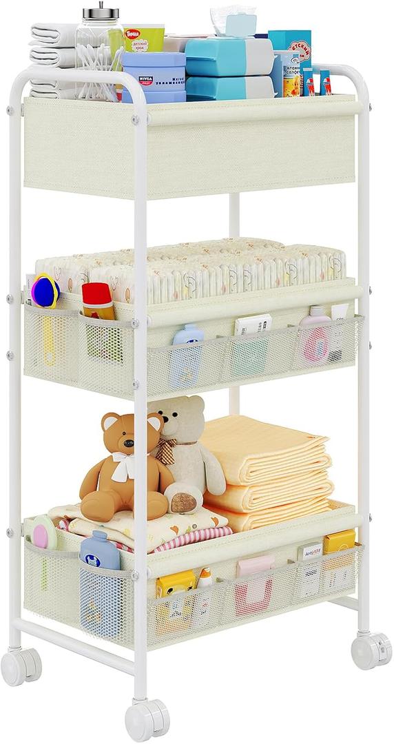 3-Tier Baby Diaper Caddy Cart Organizer,Mobile Nursery Storage Carts with Wheels,With 2 Dividers&14 Mesh Pockets Durable Metal Utility Cart for Nursery, Bedroom, Bathroom, Baby Essentials Organization (Beige Yellow)