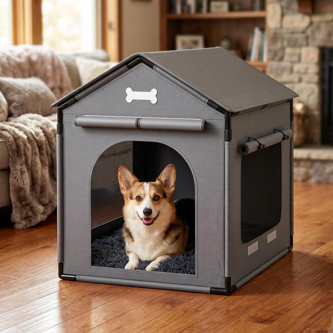 Dog House Indoor Outdoor Dog Kennel with Cushion for Small Medium Dogs Cats, Cozy Cooling Cat Nest Puppy Cave Sofa Pet Products Easy Assembly Grey, L w/Door Curtain: 27.6" L x 21.3" W x 26.8" H
