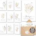 50 Pcs Funeral Thank You Cards with Envelopes Message Inside and Matching Stickers - Bulk 46 Watercolor Boho Wildflower Bereavement Thank You Cards for Funeral - Sympathy Thank You with Message Card