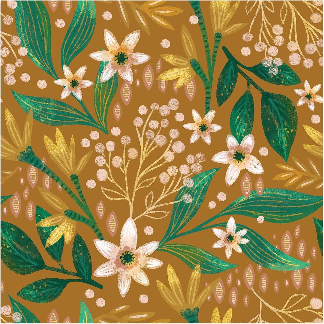 HAOKHOME Peel and Stick Wallpaper Boho Vintage Floral Contact Paper Self Adhesive Botanical Wall Paper for Accent Wall Caramel/Green 17.3in x 9.8ft