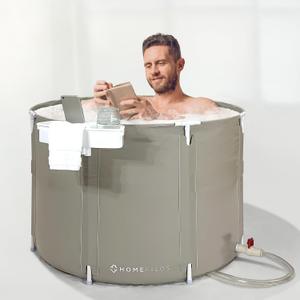 Portable Bathtub with Tray (Large) by Homefilos, Japanese Soaking Hot Tub for Shower Stall Bath, Collapsible Foldable Flexible Plastic Adult Size Ofuro