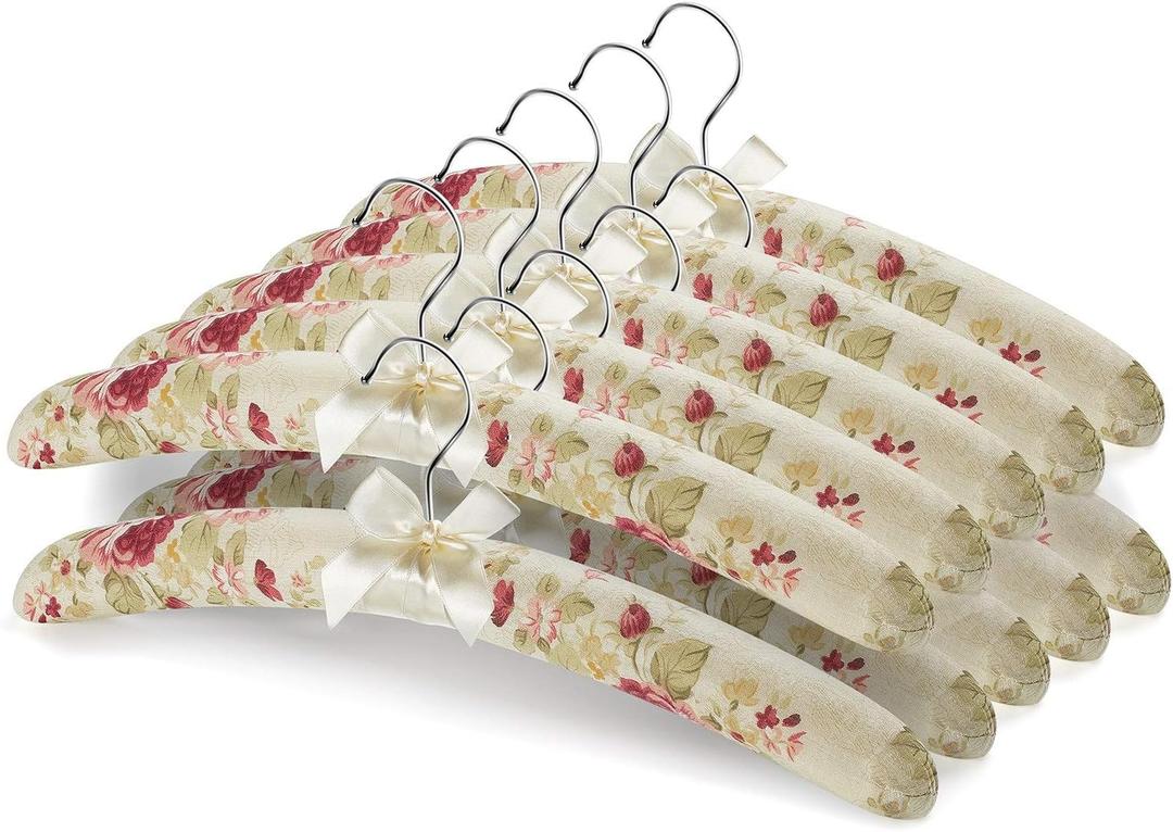 GLCON 16 Inches Satin Padded Hangers for Women Clothing - No Bump Fancy Floral Bridal Hangers for Adult Coat, Suit, Wedding Dress, Sweaters (Pack of 10)