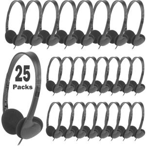 25 Pack Bulk Headphones Earphone Earbud for Classroom Kids, Wholesale Wired Adjustable On Ear Headphones for Students, Schools, Libraries, Museums, Hotels, Hospitals and More(LS04,25 Black)