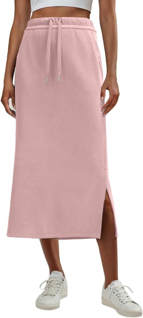 Lepunuo Casual Maxi Skirts for Womens High Waist Trendy Drawstring Side Slit Skirts with Pockets (Pink, M)
