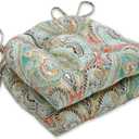 Pillow Perfect Paisley Indoor/Outdoor Chairpad with Ties, Reversible, Tufted, Weather, and Fade Resistant, 15.5" x 16", Blue/Multi Pretty, 2 Count