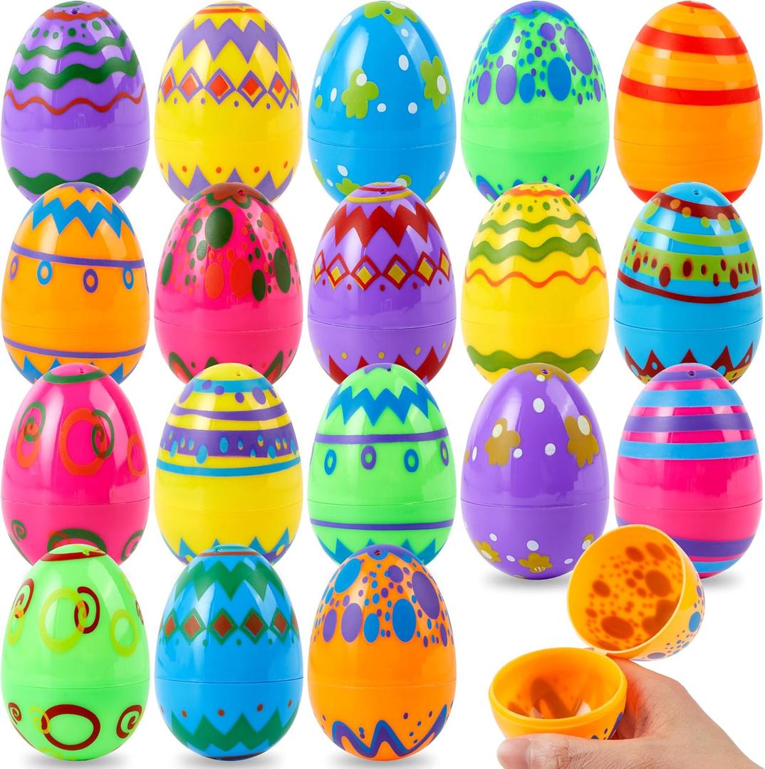 JOYIN 24PCS 3.15" Printed Easter Eggs, Empty Fillable Colorful Plastic Eggs Bulks for Easter Hunt, Basket Stuffers Filler, Classroom Prize Supplies