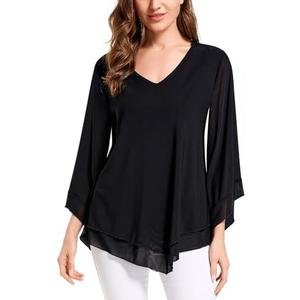 Wielsscca Women's Blouses and Tops Dressy Casual 3/ 4 Sleeve Summer Ladies Loose V Neck Double Layers Tunic Black, M